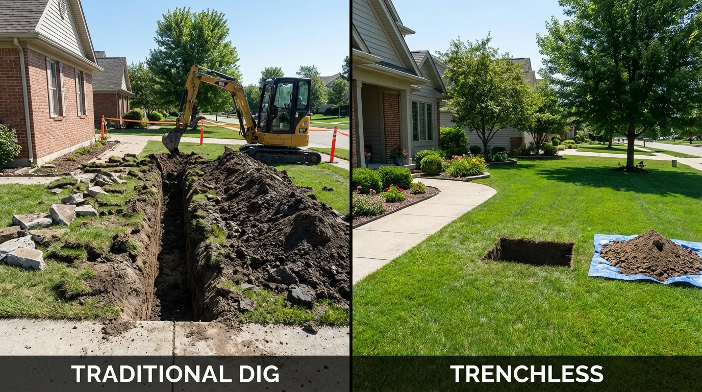 Trenchless sewer repair with minimal yard damage versus traditional excavation in De Witt, AR